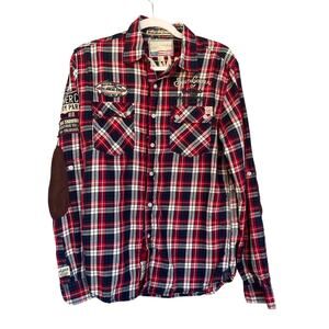 Alcott Shirt Mens Medium Red Navy Plaid Long Sleeve Aspen Campground Embroidered